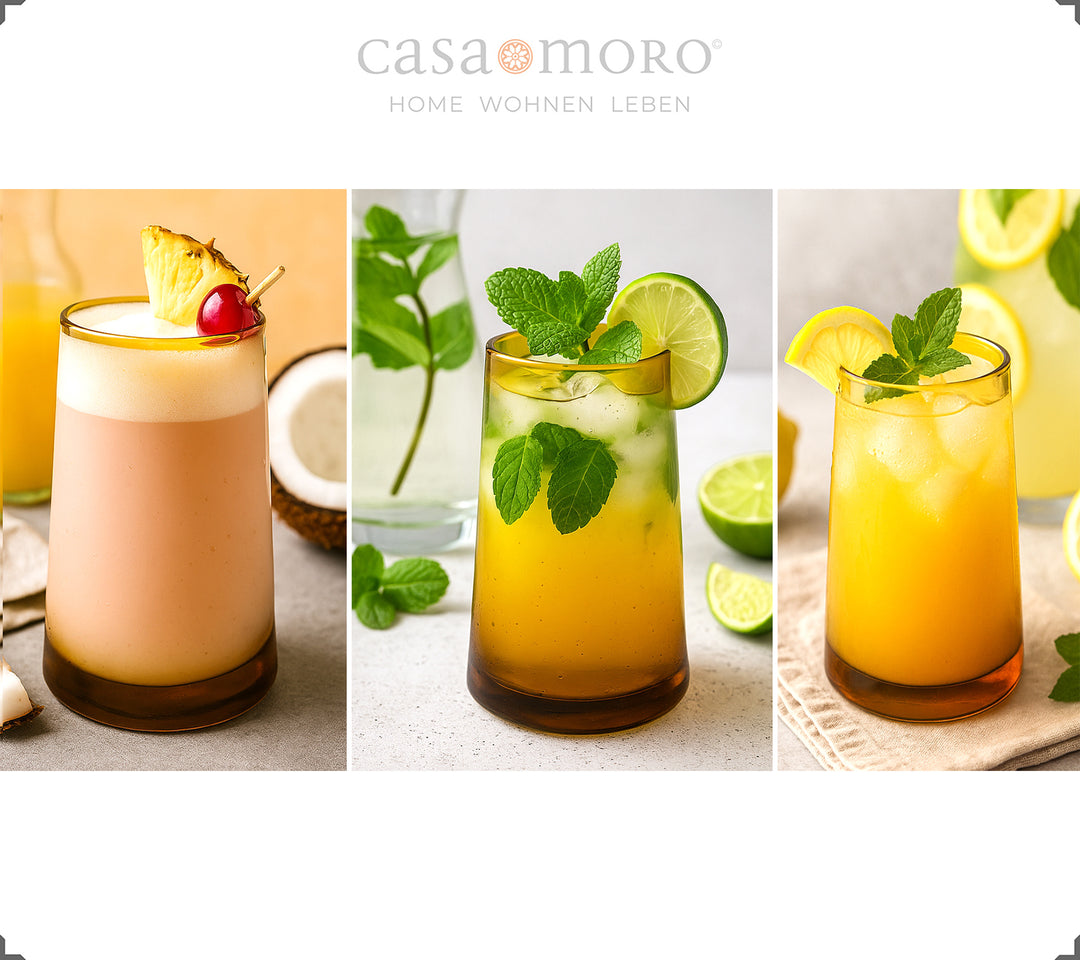 Honigfarbene Gläser im Einsatz als Cocktailgläser – ideal für Sommerdrinks & Garnitur mit Limette