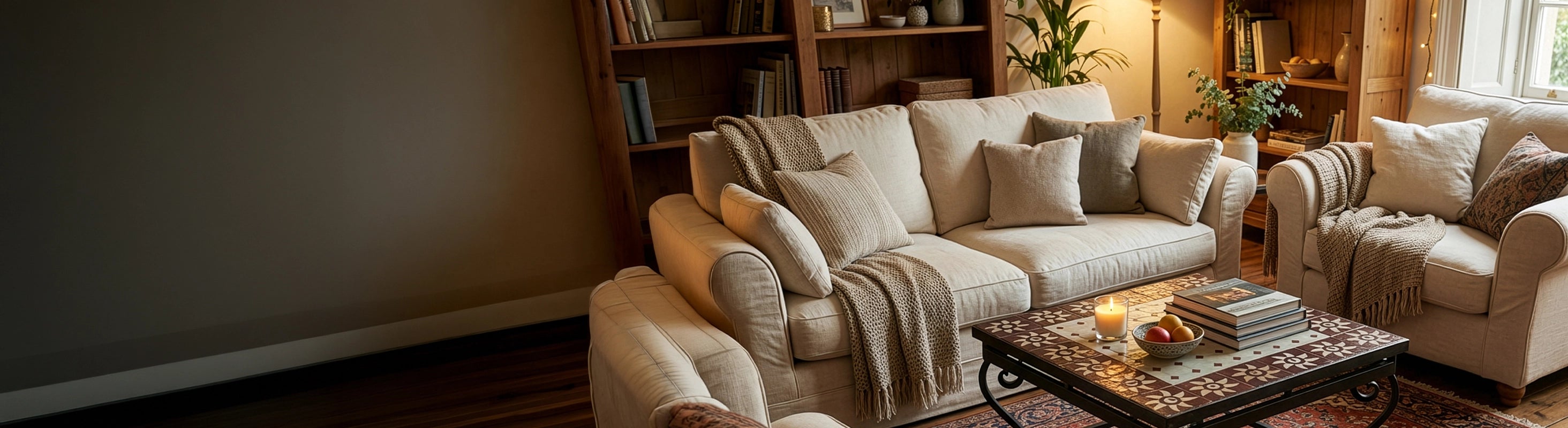 Tables de canapé en mosaïque 60x60 – Lage mozaïektafel 60x60 cm met zellige tegels als salontafel in de woonkamer voor een bank met kussens, kaarsen en decoraties