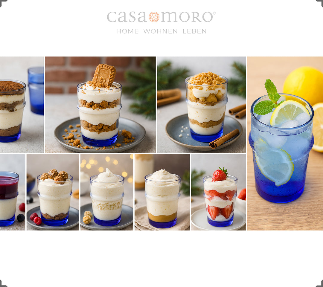 Glazenset in blauw geserveerd met diverse desserts - perfect als dessertglaasjes voor romige creaties