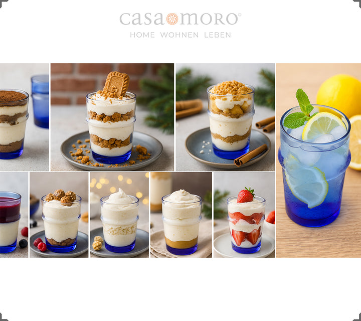 Glazenset in blauw geserveerd met diverse desserts - perfect als dessertglaasjes voor romige creaties