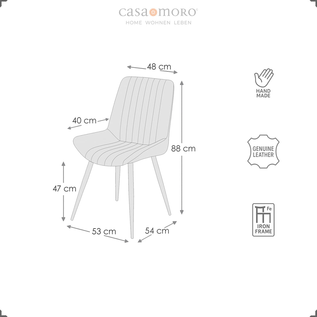 Maatschets voor de leren stoel: hoogte 88 cm, breedte 54 cm, diepte 53 cm, zithoogte 47 cm, zitting 46×48 cm