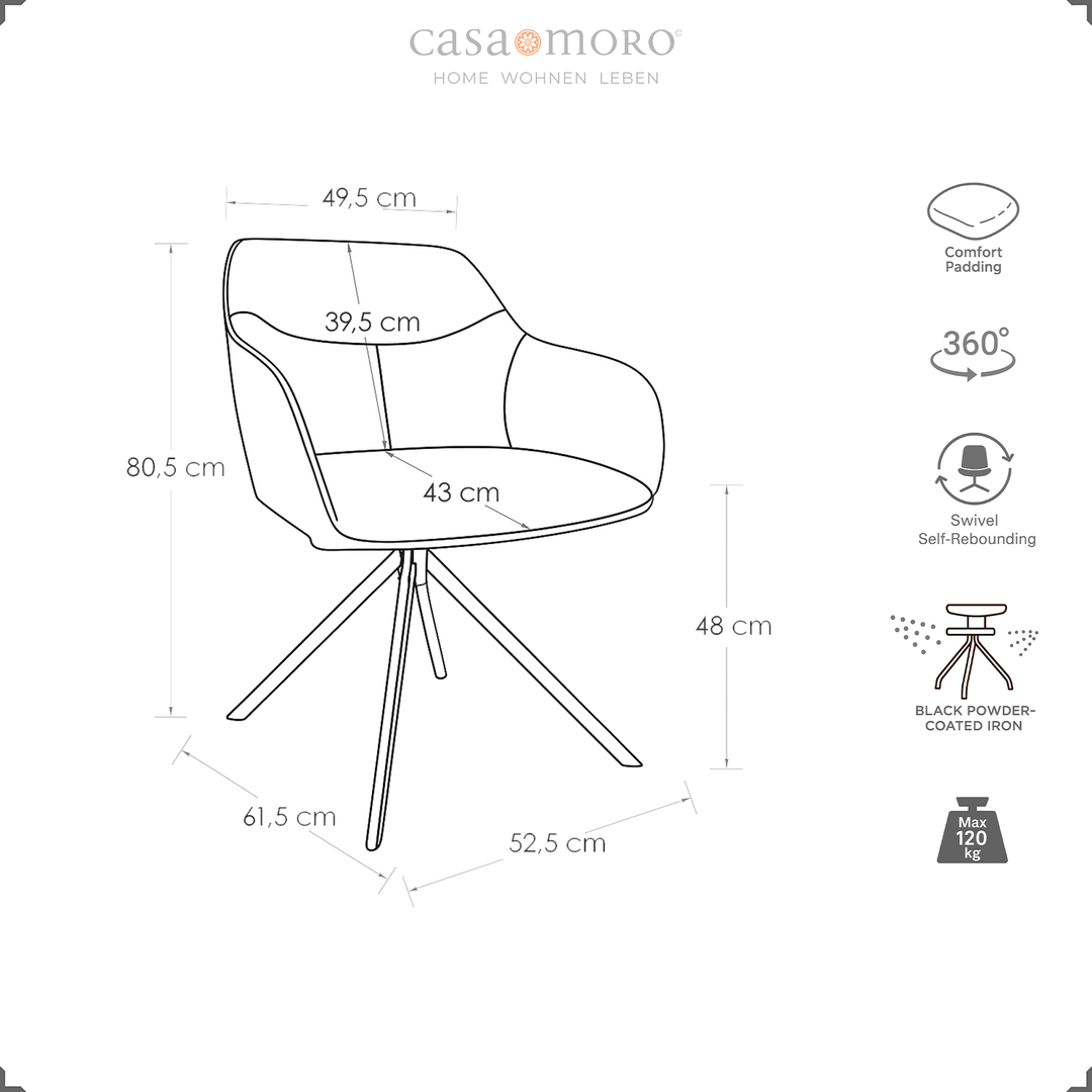 Dessin technique d'une chaise rembourrée rotative à 360° avec accoudoirs marron, avec dimensions et symboles pour le rembourrage confort, fonction de retour automatique et structure en métal
