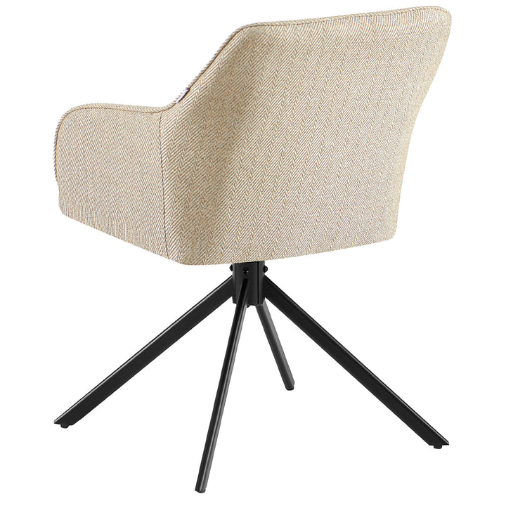 Vue arrière d'une chaise rembourrée pivotante à 360° avec accoudoirs beige, dossier rembourré avec structure à chevrons et structure en métal noir