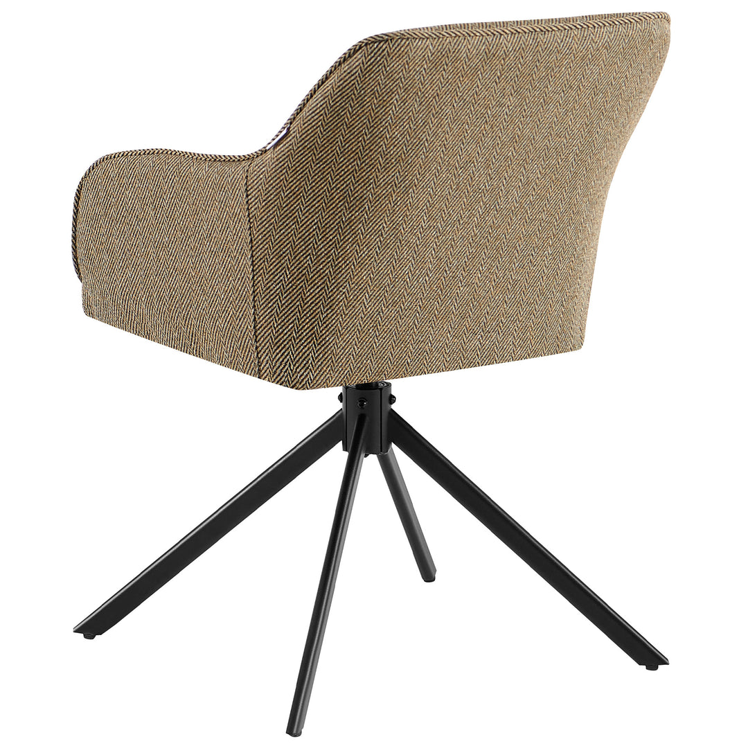 Vue arrière d'une chaise rembourrée rotative à 360° avec accoudoirs marron, dossier rembourré à motif à chevrons et structure en métal noir en forme de trépied
