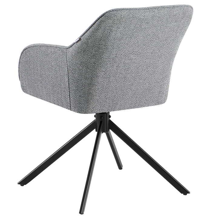 Vue arrière d'une chaise rembourrée rotative à 360° avec accoudoirs gris, dossier rembourré à motif à chevrons et structure en métal noir en forme de trépied