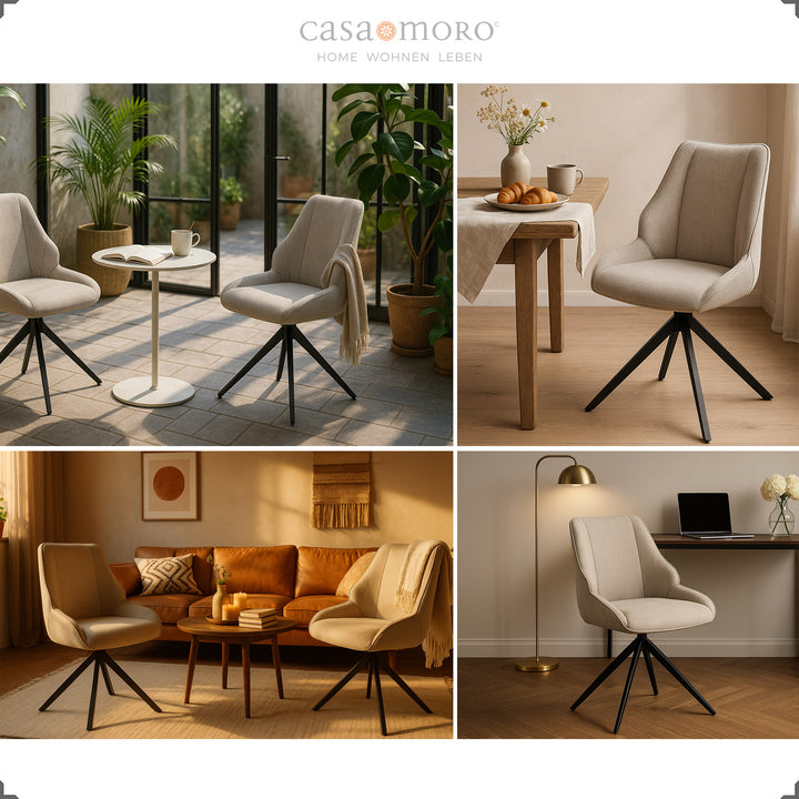 Chaises de salle à manger pivotantes à 360° gris clair avec structure en métal noir dans différentes situations d'intérieur - élégamment combinées dans la salle à manger, le salon, le bureau et le jardin d'hiver