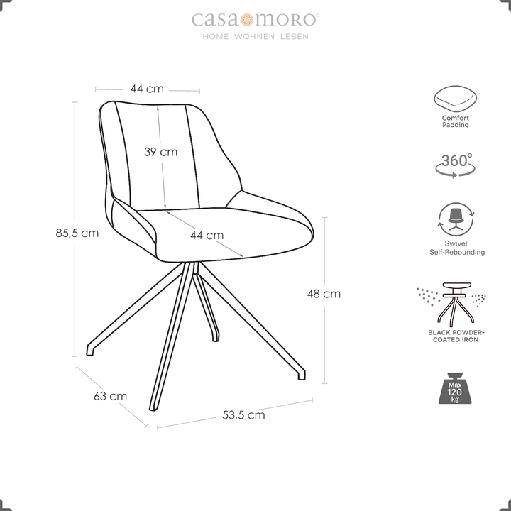 Dessin d'une chaise de salle à manger pivotante à 360° de couleur marron clair avec dimensions, symboles de rembourrage confortable, fonction de retour automatique et structure en métal