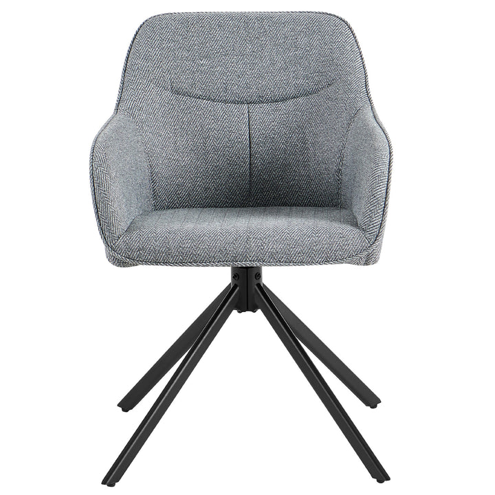 Vue de face d'une chaise de salle à manger rotative à 360° avec accoudoirs gris, coque d'assise rembourrée à motif à chevrons et structure en métal noir