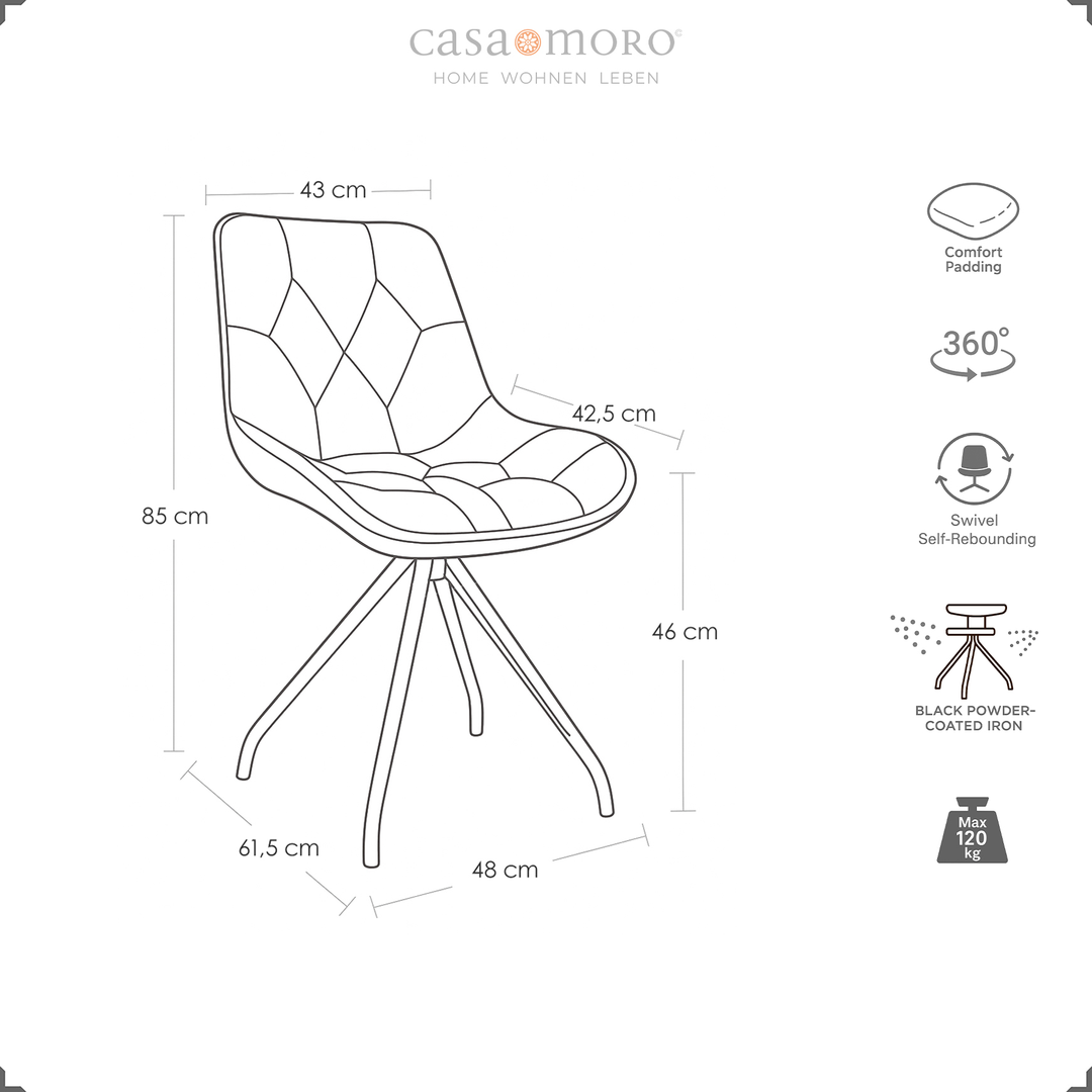 Dessin dimensionnel de la chaise rembourrée orientable à 360° en marron avec dimensions, structure en métal noir et symboles pour la fonction de retour automatique, rembourrage de confort et capacité de charge jusqu'à 120 kg
