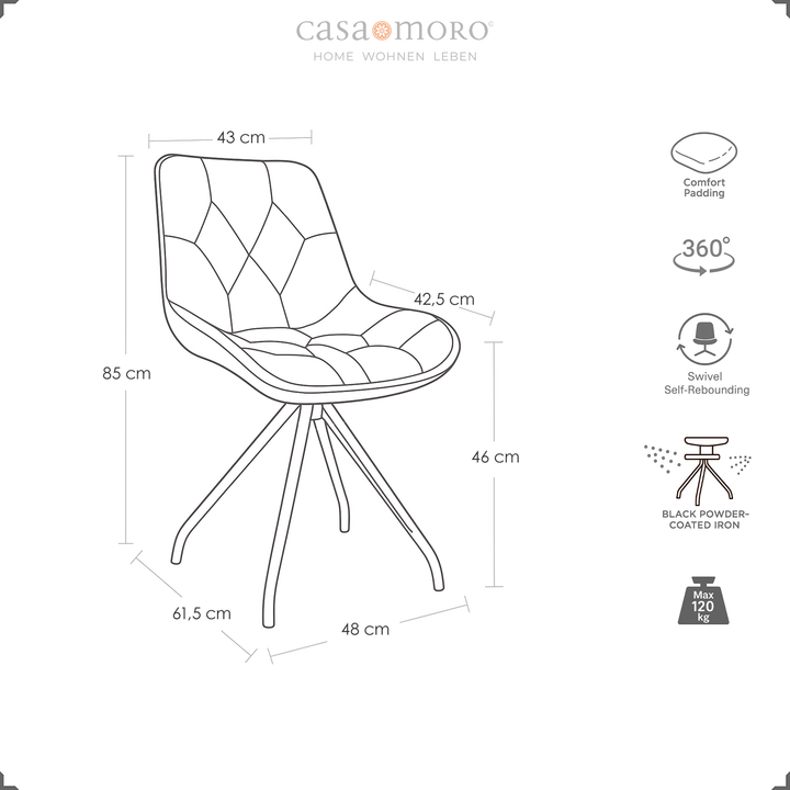 Dessin dimensionnel de la chaise rembourrée orientable à 360° en marron avec dimensions, structure en métal noir et symboles pour la fonction de retour automatique, rembourrage de confort et capacité de charge jusqu'à 120 kg
