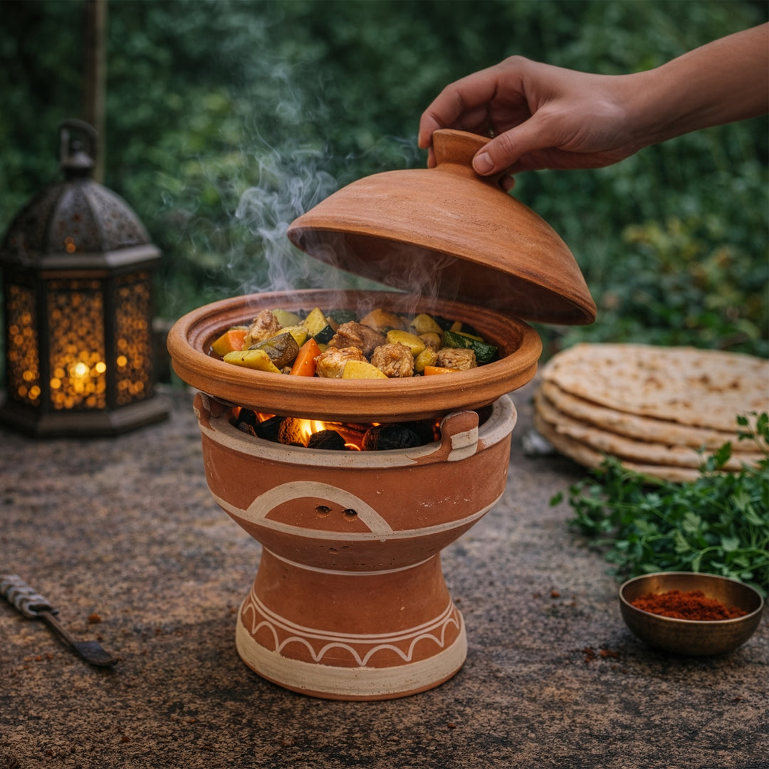 Tajine op mejmar kleiwarmer voor houtskool, Marokkaanse tafelgrill met open sintels voor Tagine