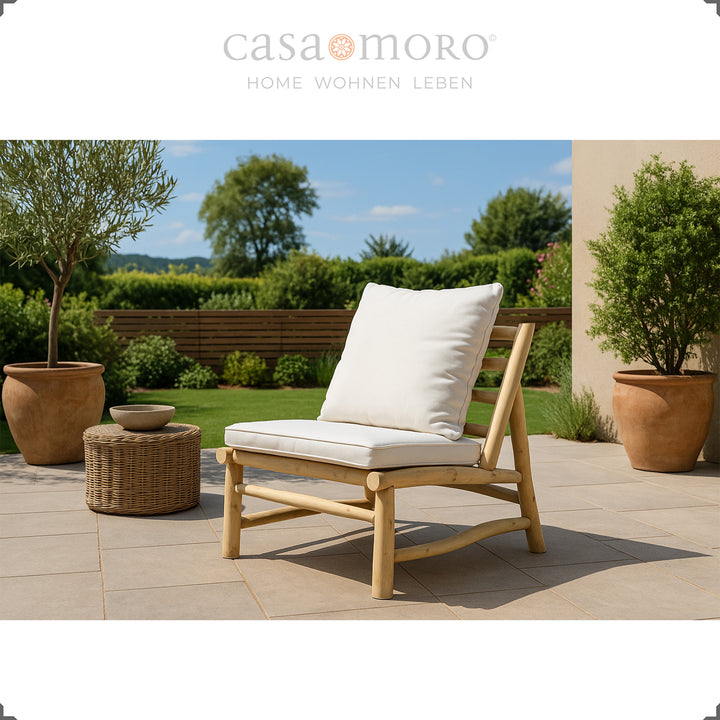 Garten-Sessel aus massivem Teakholz, handgefertigtes Unikat mit abnehmbaren, waschbaren Bezügen