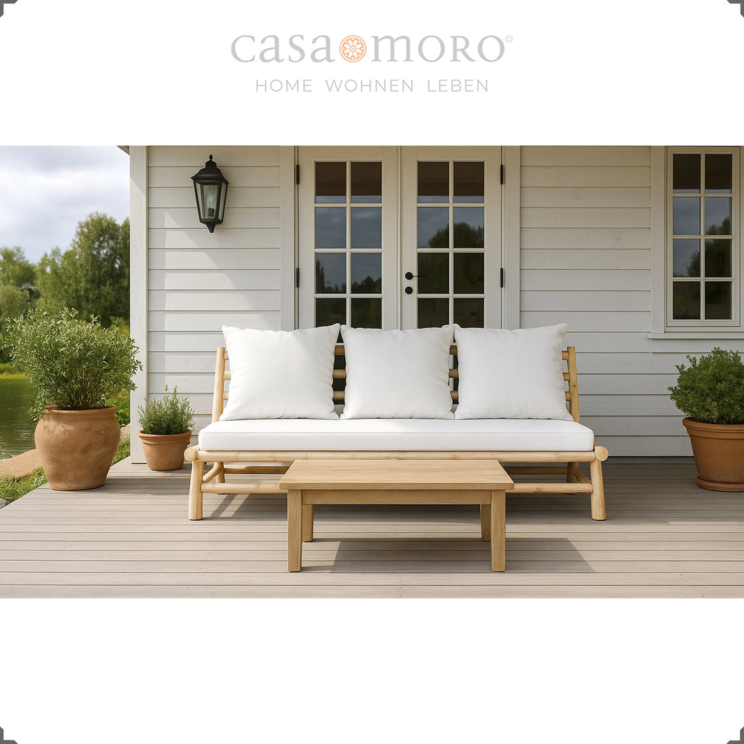 Canapé de jardin trois places en bois de teck avec coussins en mousse PU indéformable, adapté à une utilisation en extérieur