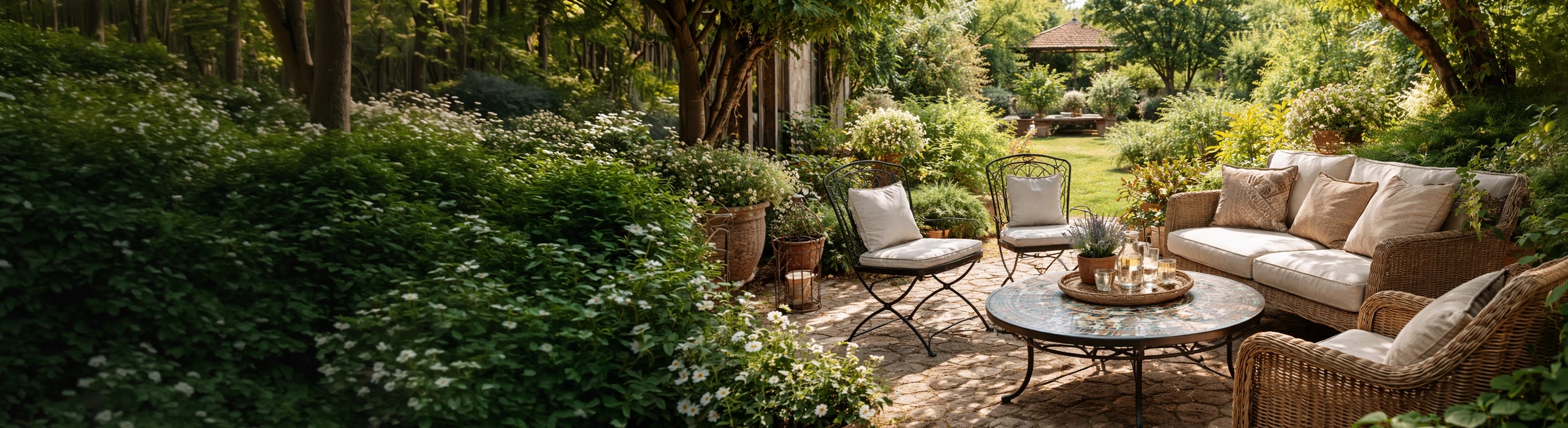 Gartenstühle & Sofas – Garten mit Sitzgruppe aus Rattan-Sofa und Eisenstühlen rund um Mosaiktisch auf Naturstein-Terrasse im Grünen