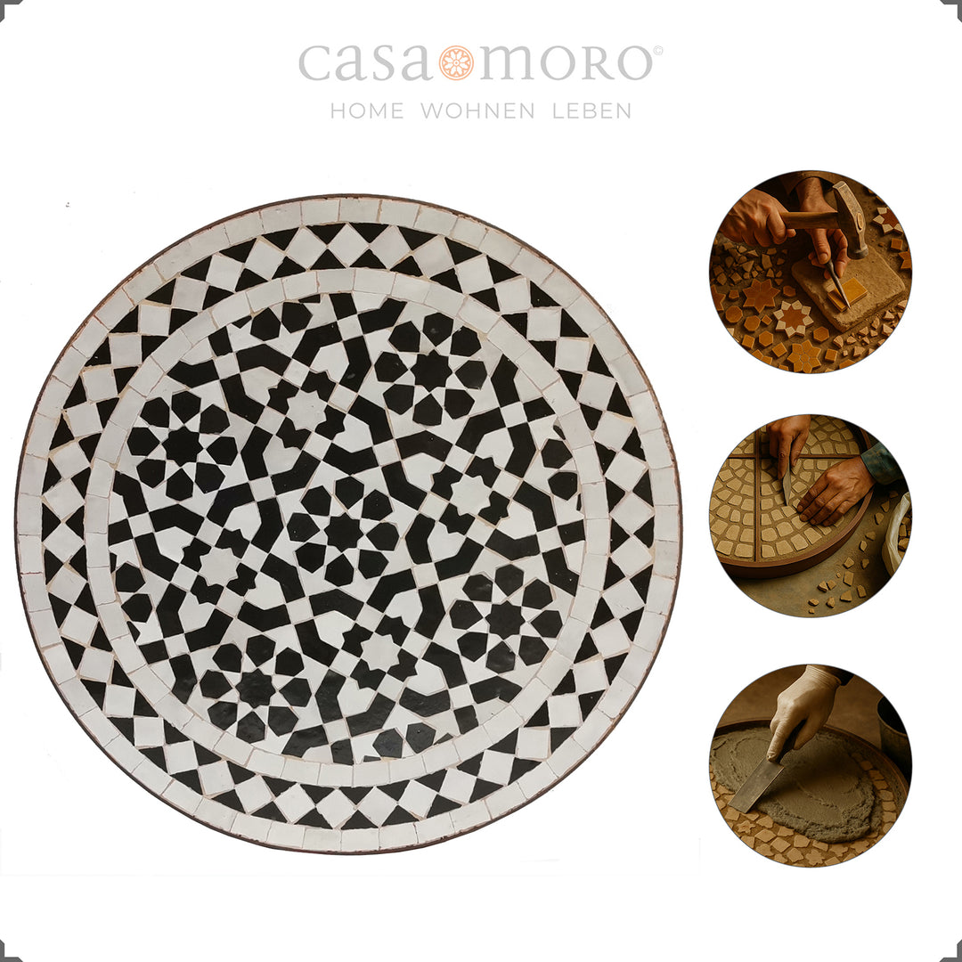 Zellige tafel met grafisch ornament, ideaal voor terras, woonkamer of balkon
