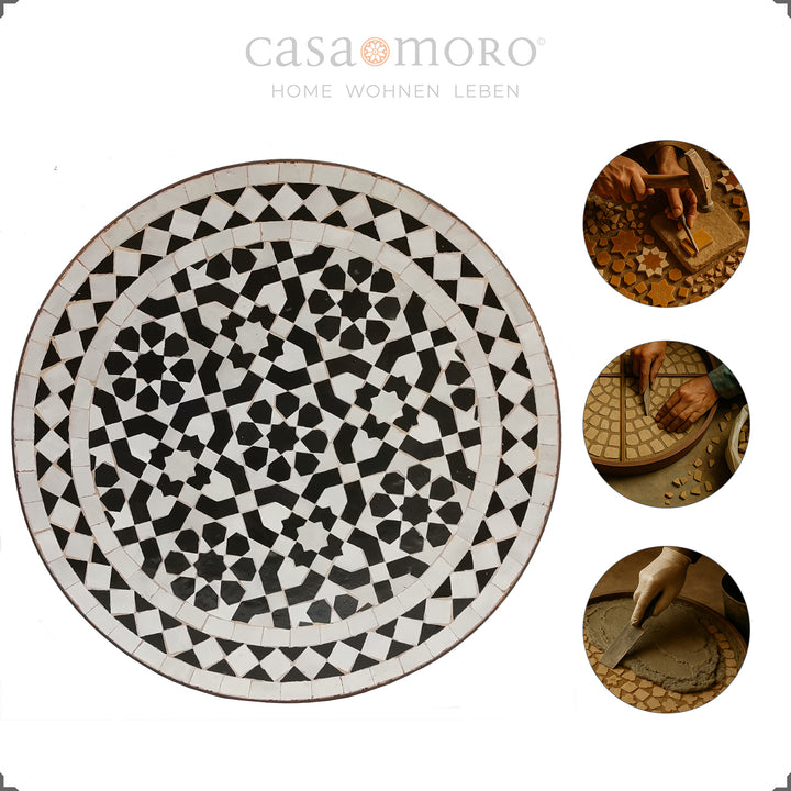 Zellige tafel met grafisch ornament, ideaal voor terras, woonkamer of balkon