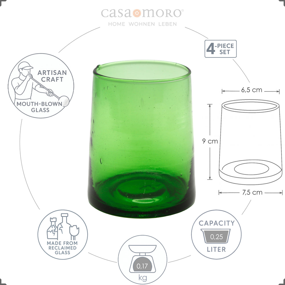 4er-Set grüner Gläser – leicht konisch, traditionell mundgeblasen