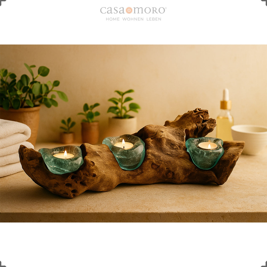 Dreiteiliger Teelichthalter aus türkisfarbenem Glas und naturgewachsenem Wurzelholz auf einer warm beleuchteten Ablage, umgeben von Pflanzen