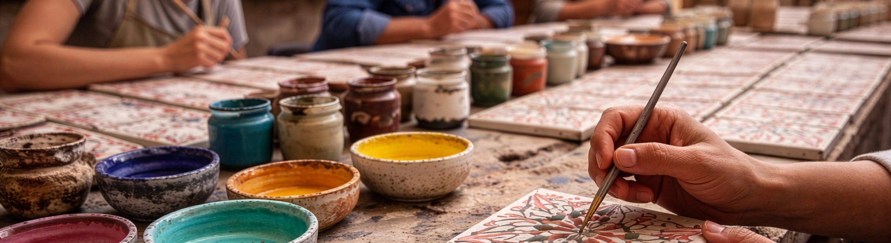 Handbeschilderde tegels – Traditionele werkplaats in Marokko, handgeschilderde keramische tegels