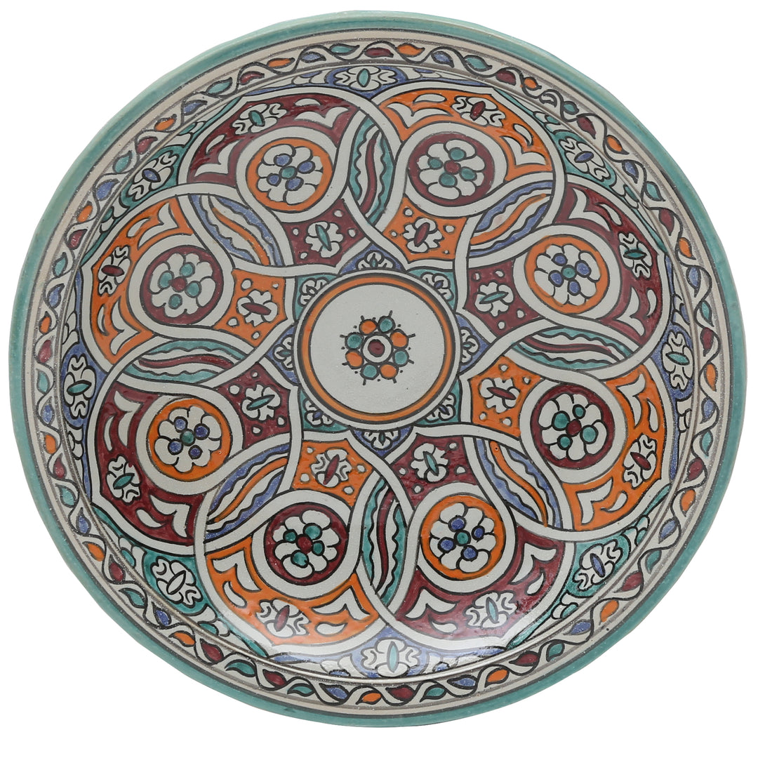 Marokkaanse keramische schaal uit Fez met een kleurrijk vlechtpatroon, Ø 35 cm