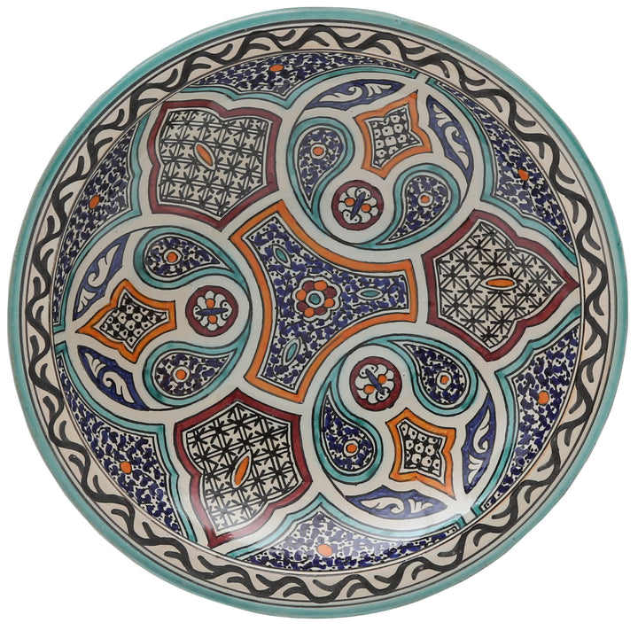 Marokkaanse keramische schaal uit Fez – turkoois-oranje – Ø 35 cm
