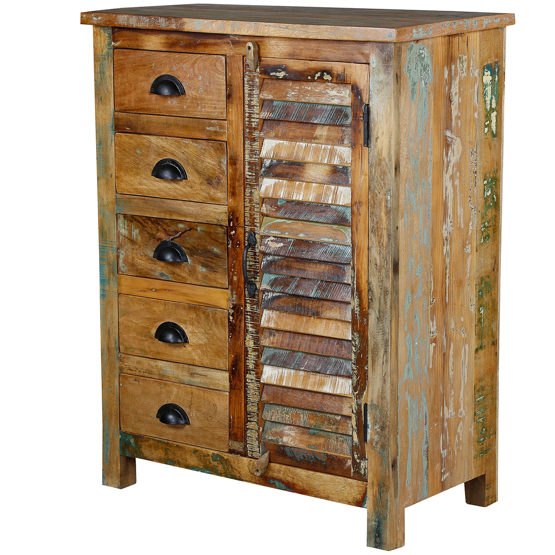 Buffet haut en bois massif avec tiroirs et porte, façade en patchwork, isolé sur fond blanc