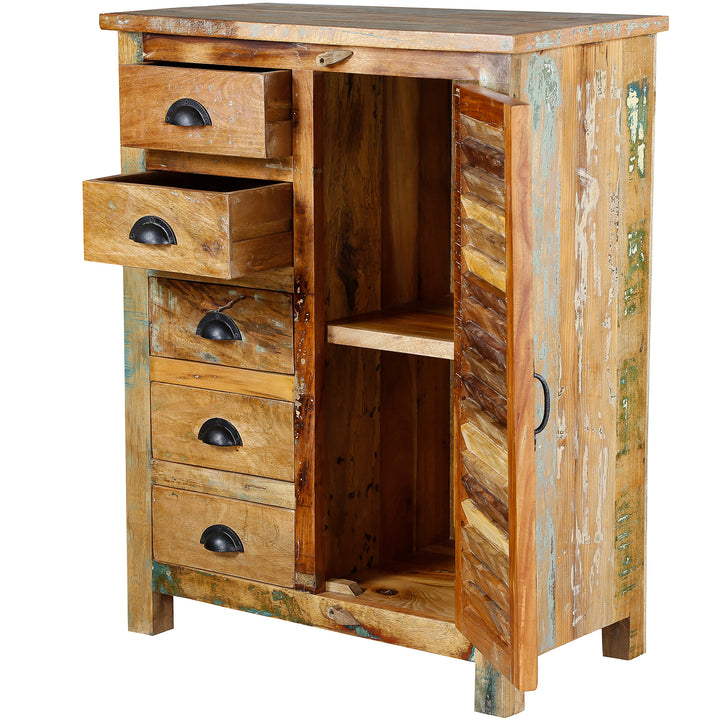 Dressoir van massief hout met geopende lades en deur, zichtbare binnenkant, geïsoleerd