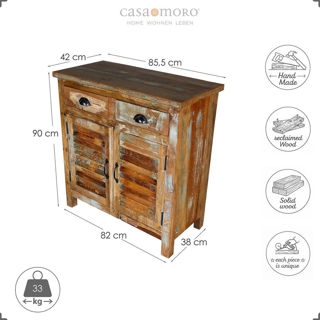 Croquis dimensionnel d'un buffet haut en bois massif, hauteur 90 cm, largeur 82 cm, profondeur 38 cm, isolé