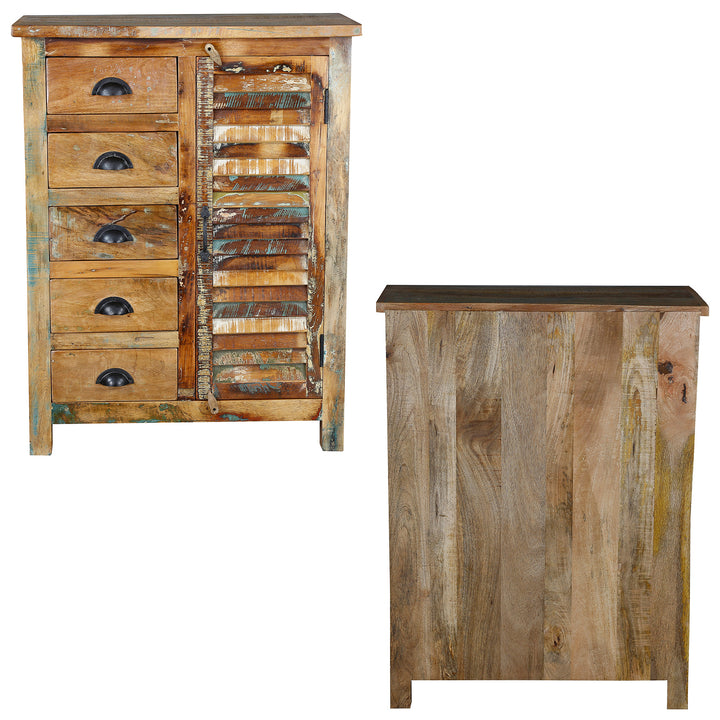 Voor- en zijaanzicht van een dressoir gemaakt van oud hout met laden en deur, geïsoleerd
