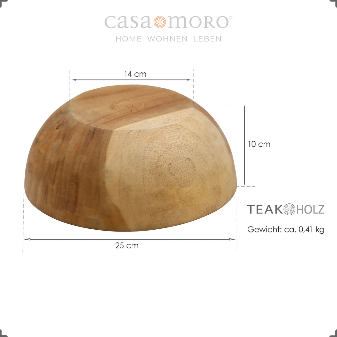 Teakhouten schaal met afmetingen - Ø 25 cm, hoogte 10 cm, gewicht ca. 0,41 kg
