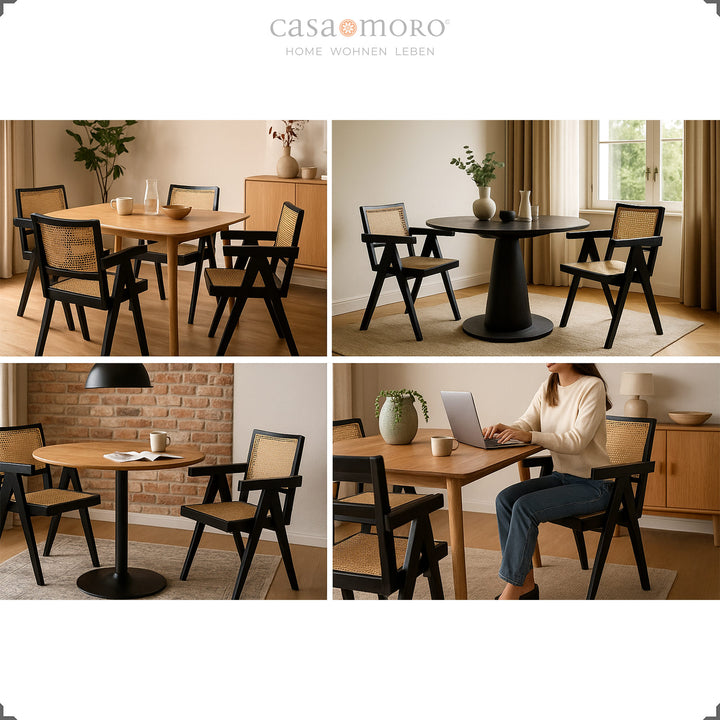 Zwarte fauteuils met Weens vlechtwerk in diverse woonsituaties, gemaakt van massief teak en rotan