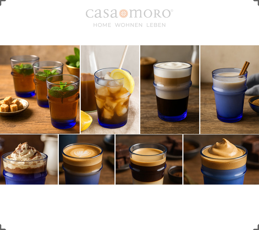 Close-up van glazen van blauwachtig glas - typisch oppervlaktebeeld van mondgeblazen koffieglazen