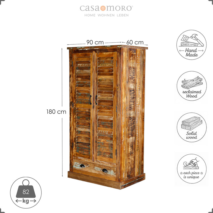Garderobekast van massief hout en hergebruikt hout in vintagestijl, 180 cm hoog, vrijstaand afgebeeld