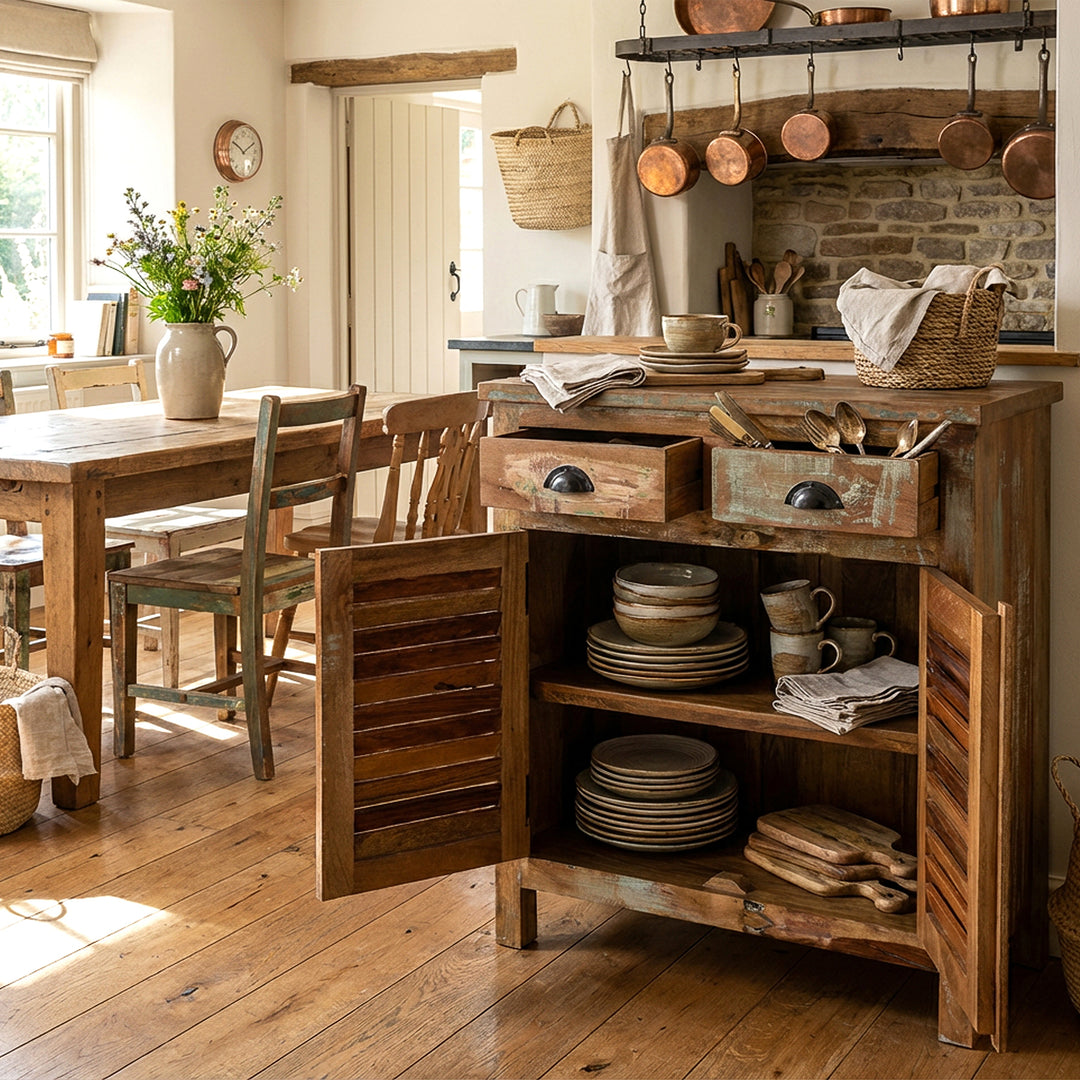 Buffet haut en bois massif dans la cuisine avec portes ouvertes, vaisselle à l'intérieur, scène chaleureuse
