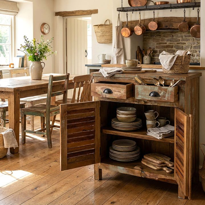 Buffet haut en bois massif dans la cuisine avec portes ouvertes, vaisselle à l'intérieur, scène chaleureuse
