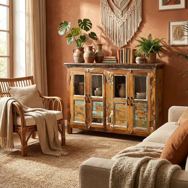 Massief houten dressoir met glazen deuren in een boho-woonkamer