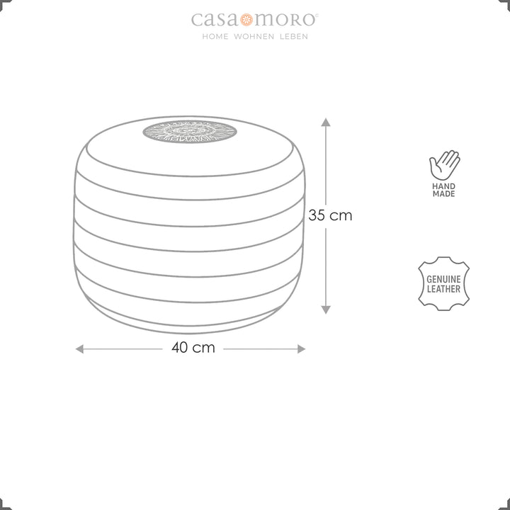 Croquis du pouf rond en cuir de dimensions Ø 40 cm et hauteur 35 cm ainsi que des icônes pour le cuir fait main et véritable - Casa Moro conception.