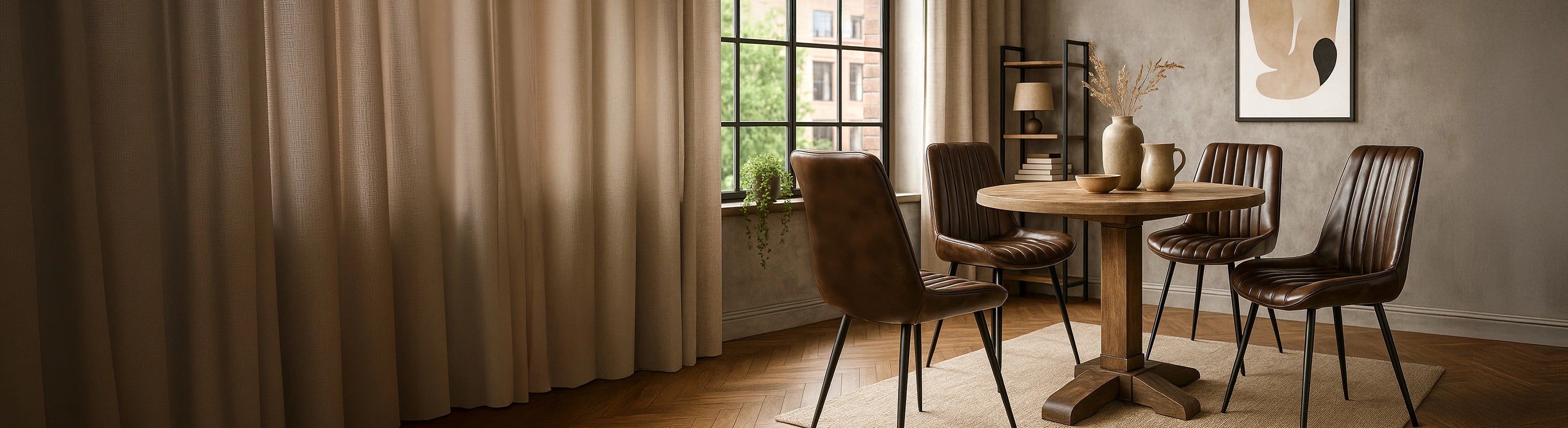 Leren stoelen – Leren stoelen van bruin leer aan de ronde eettafel in de woonkamer - eetkamerstoelen met metalen frame in moderne woonkamer