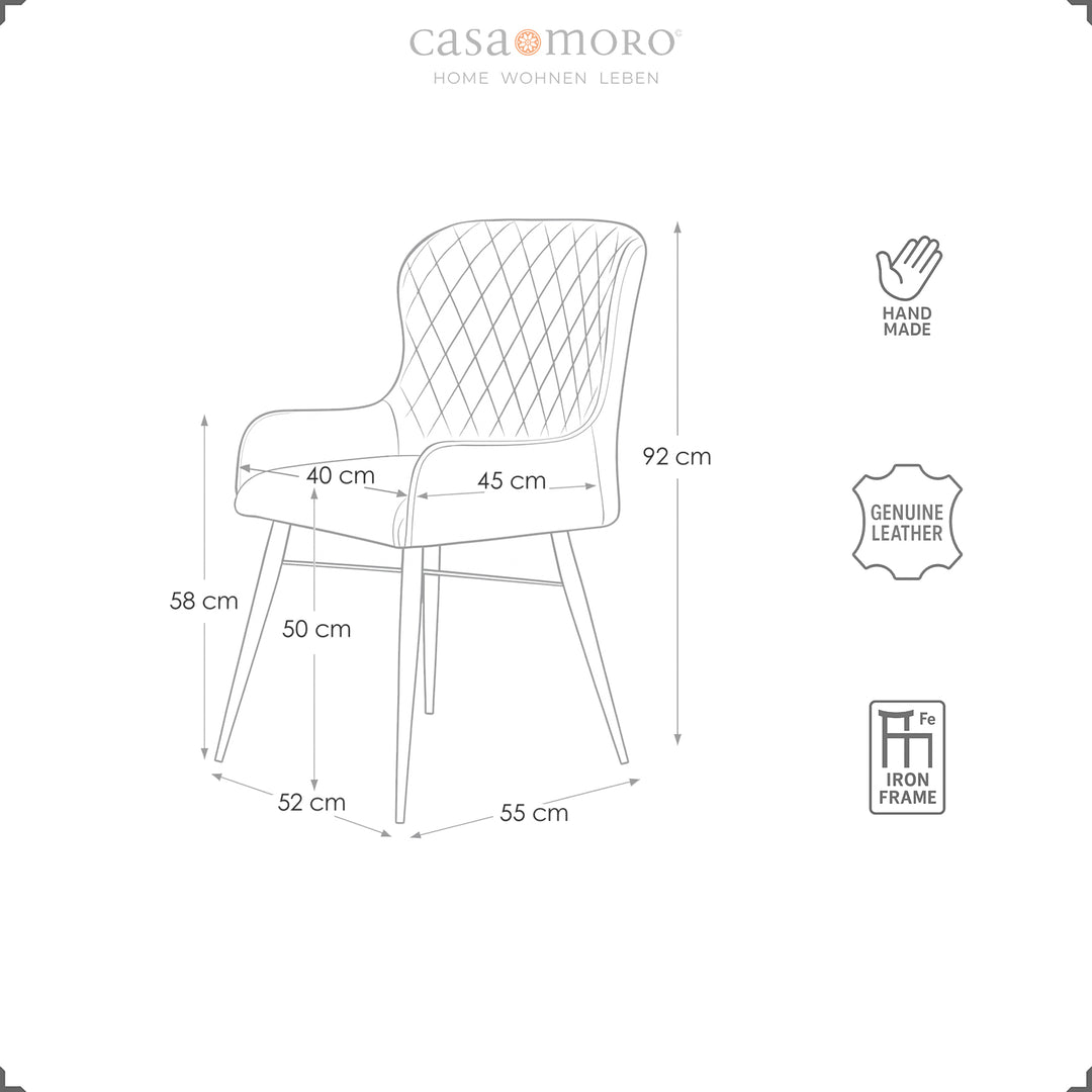 Maattekening van een leren stoel in antiek bruin met afmetingen - breedte 52 cm, diepte 55 cm, hoogte 92 cm, echt lederen bekleding met diamantquilt en zwart metalen frame.