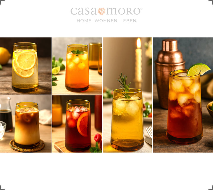 Set aus vier mundgeblasenen Longdrinkgläsern in honigbrauner Optik – stabil und konisch geformt