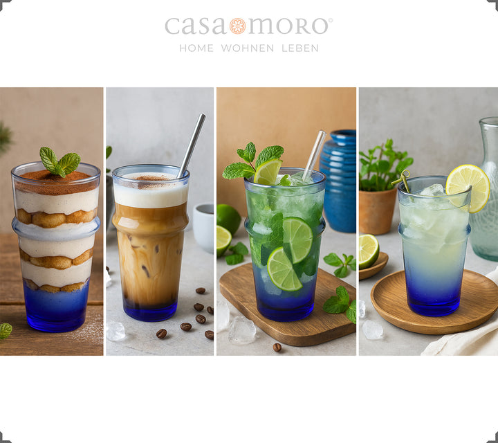 Verres à long drink bleus avec une structure en verre vivante, soufflés à la bouche dans un style traditionnel