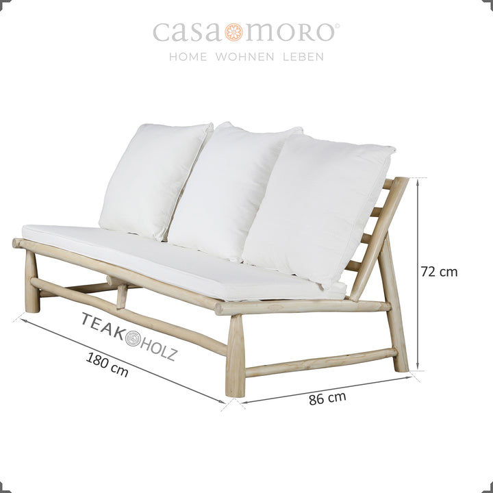 Canapé de salon d'extérieur trois places en teck, comprenant des coussins confortables en blanc crème