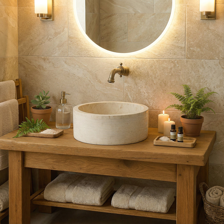 Vasque à poser ronde en marbre clair sur vasque en bois, harmonieusement mise en scène dans la chaleureuse salle de bain spa avec bougies.