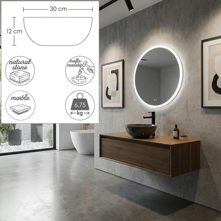 Lavabo à poser rond en pierre naturelle sur lavabo flottant en bois dans une salle de bain moderne avec graphiques dimensionnels intégrés