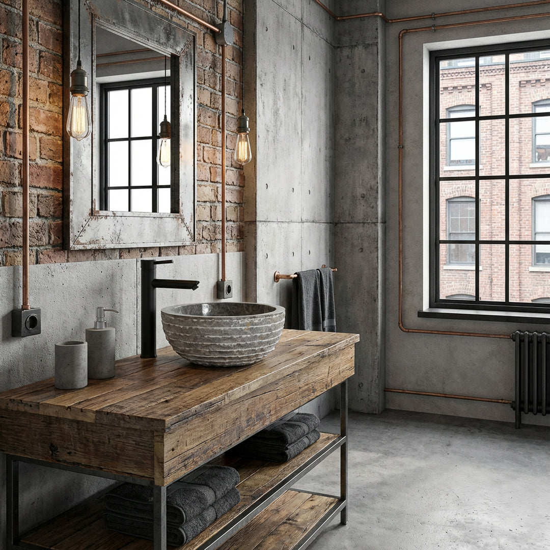 Lavabo rond en pierre de marbre sur table en bois rustique dans une salle de bains industrielle avec béton apparent, brique et raccords noirs