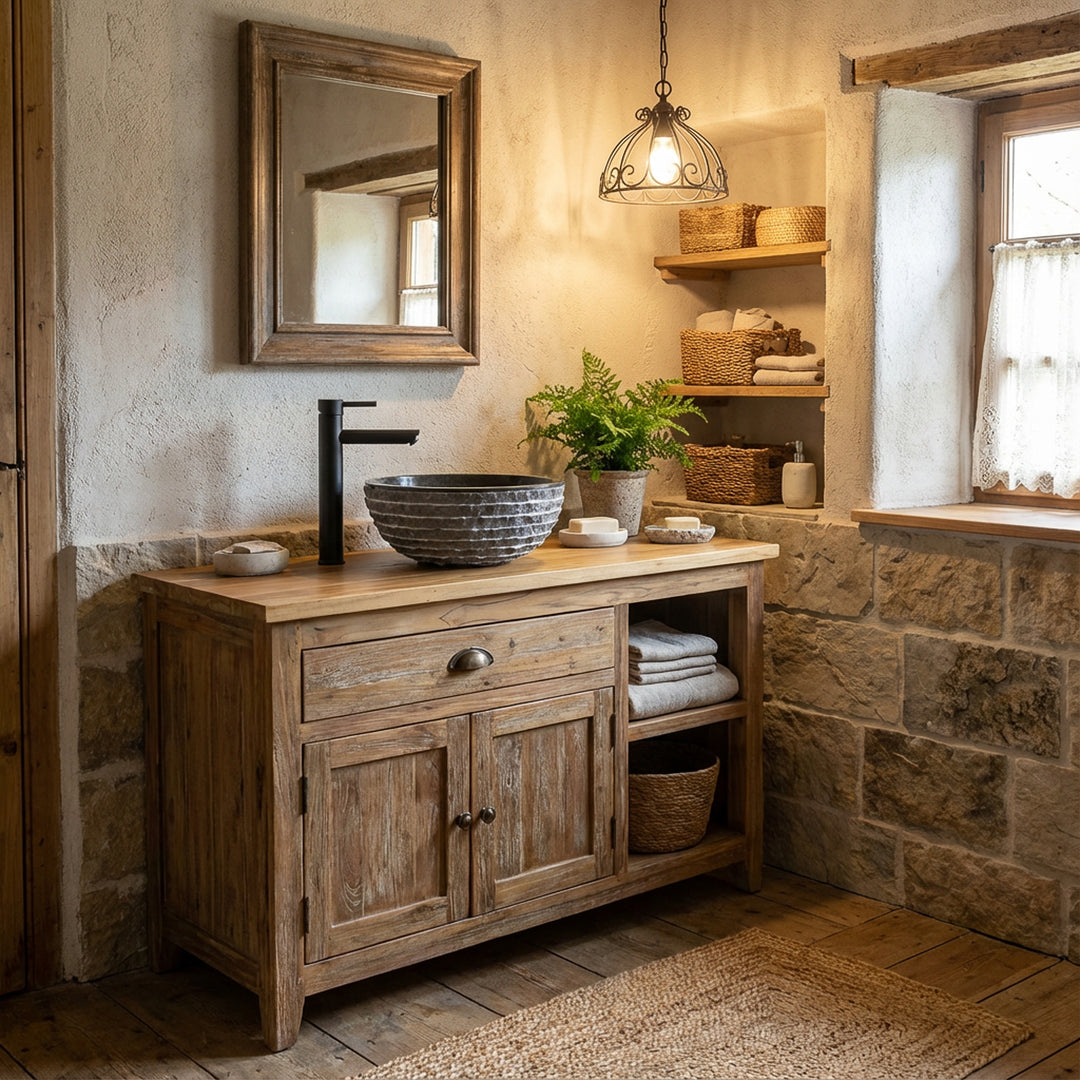 Rond Lavabo Fait de marbre sur un lavabo en bois rustique dans une salle de bains de maison de campagne avec des accessoires noirs et une lumière chaude