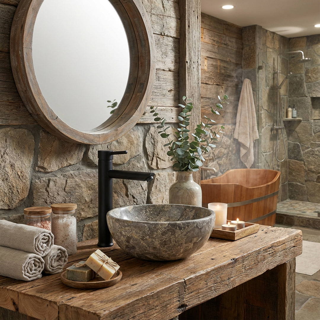 Lavabo rond en pierre naturelle avec grain gris-brun sur une table en bois massif dans la salle de bains spa rustique, combiné avec des raccords noirs, une baignoire en bois, des bougies et des murs en pierre naturelle