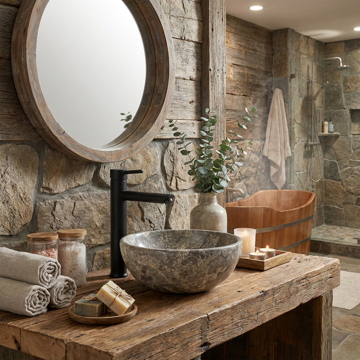 Lavabo rond en pierre naturelle avec grain gris-brun sur une table en bois massif dans la salle de bains spa rustique, combiné avec des raccords noirs, une baignoire en bois, des bougies et des murs en pierre naturelle