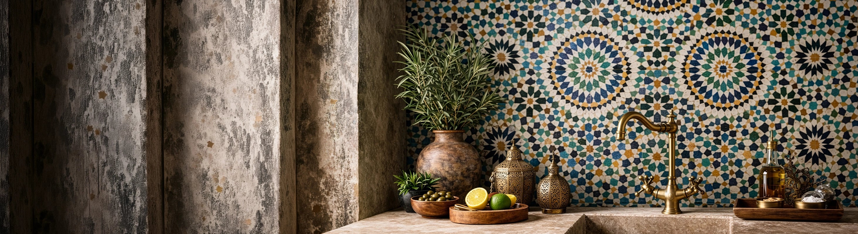 Tuiles cellulaires – Carreaux de zellige marocains avec un motif géométrique traditionnel comme décoration murale dans une cuisine d'inspiration orientale