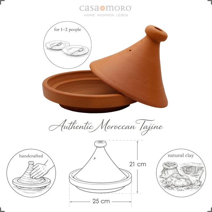 Tajine aus Marokko 25 cm für 1–2 Personen, handgefertigt und naturbelassen aus Ton